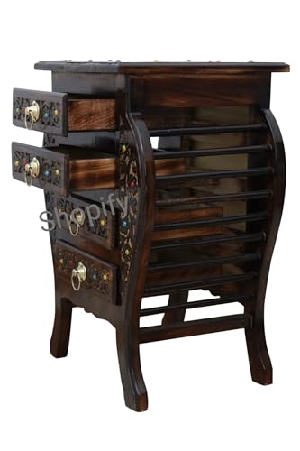 Image of Shopify Wooden Stool-Natural Wood Antique Look Side Table with 4 Drawer for Living Room
