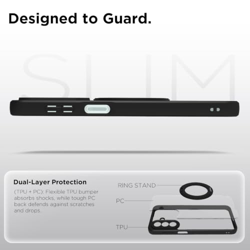 Image of RIGGEAR Shockproof Sleek Hybrid Armor 360 Rotating Magnetic Ring Stand Back Cover Case Compatible with MagSafe Accessories for Samsung Galaxy A27 5G (Clear PC + Black TPU Bumper)