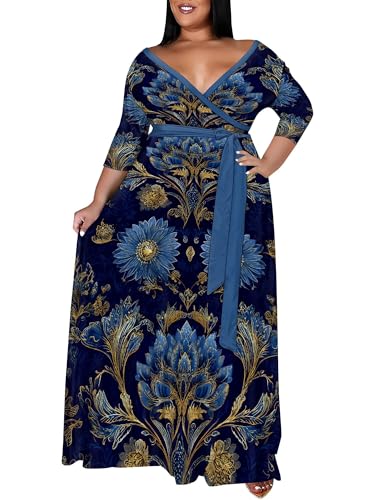 Image of SUZONANA Plus Size Maxi Dresses for Curcy Women Casual Loose 3 /4 Sleeve Long Dress with Belt