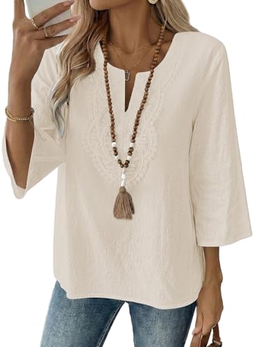 EVALESS Womens Tops Trendy 2026 Boho 3/4 Sleeve Embroidered Lace V Neck Business Work Blouses Dressy Casual Spring Fashion Outfits Parchment M