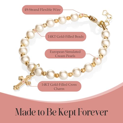 Image of Crystal Dream Christening 14KT Gold-Filled Beads | Cream European Simulated Pearls | Cross Charm Luxury Baby Bracelet | Baptism Unisex Child Bracelet