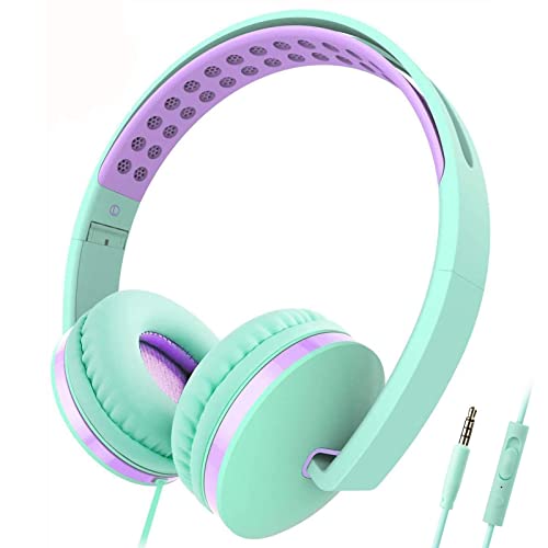 Kids Headphones for Girls, Lightweight Foldable Stereo Bass Kids Headphones with Microphone, Volume Control for Tablet, Laptop, Cell Phone, MP3/4 (Green)