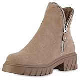 VAN HILL Damen Klassische Stiefeletten Blockabsatz Zipper Trendy Schuhe 217666 Khaki 36