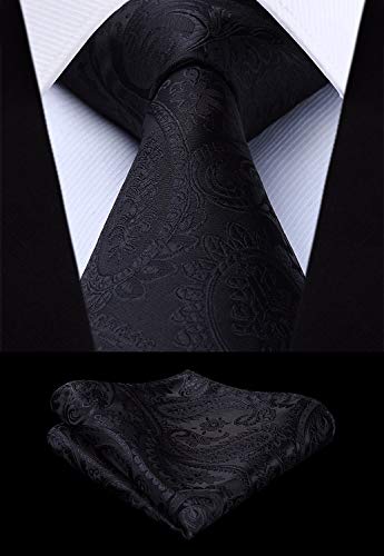 Hisdern Men's Classic Black Vest Tie Set Paisley Printed Jacquard Necktie Pocket Square Handkerchief Waistcoat For Wedding Prom Dress Or Tuxedo #TOP1