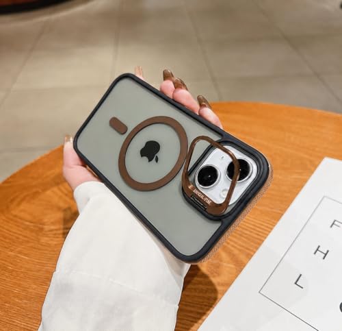 Image of LuxuryKase Smoked Clear MagSafe Case for iPhone 15 Plus | Metal Camera Guard Kickstand | Rugged Grip Edge | Hard PC Back + Soft TPU | Wireless Charging Support - Gold