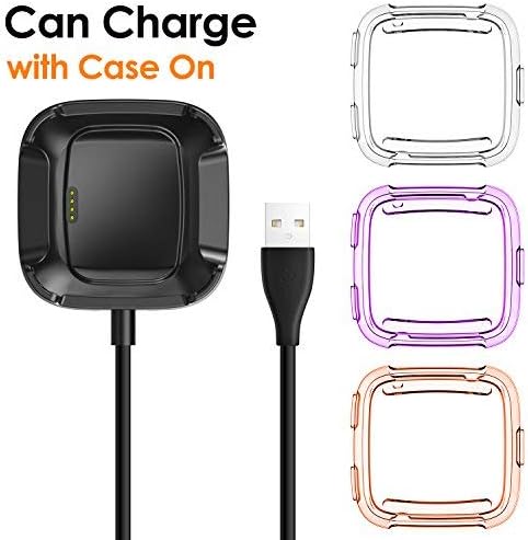 EZCO Compatible with Fitbit Versa Case Plus Charger [3+1 Pack], Exclusive Charging Dock Stand (Can Charge Case On) + Soft TPU Protector Case Bumper for Versa Smart Watch