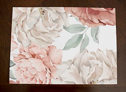 Pink White Ivory Dusty Rose Garden Watercolor Shabby Chic Vintage Floral Flower Peony Farmhouse Overlay Topper Mat Decorative Table Cover Pretty Washable Placemat Dining Room Kitchen Linens (Set Of 4) #TOP2