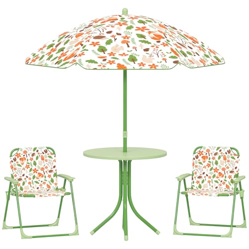 Qaba Kids Picnic Table and Chair Set, Outdoor Activity Table with Foldable Chairs, Removable Umbrella, Fox Pattern Toddler Patio Furniture for...