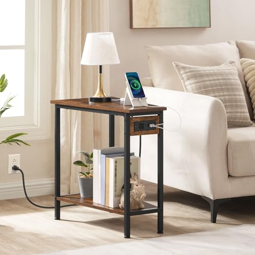 HOOBRO Wedge End Table with Charging Station, Recliner Wedge Side Table with Open Storage Shelves, Industrial Triangle Accent Table for Small Spaces, Corner, Living Room, Rustic Brown BF64UBZ01G1 by HOOBRO - Used condition - Image 5