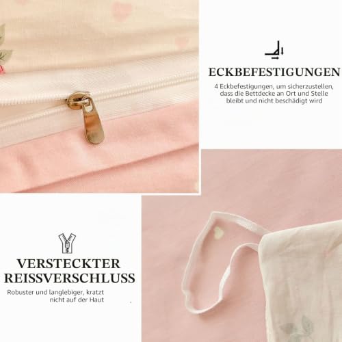 Freyamy Blumen Bettwäsche 155x220 Baumwolle Rosa Floral Herz Bettwäsche Set – Ansicht 6