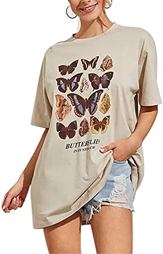 VANGULL Womenâ€™s Butterfly Printed Graphic Loose Tee Short Sleeve Round Neck Loose Tshirt Tops Apricot