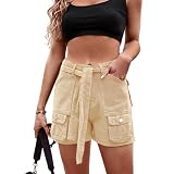 QIBABU Women Belted Cargo Jeans Shorts Elastic Waist Stretch Denim Short Pant with Pockets(1631-Khak
