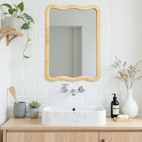 Wavy Rattan Bathroom Mirror 20"x28" Rectangle Boho Handmade Wicker Rattan Framed Mirror for Bedroom Living Room Vanity Natural - Image 5