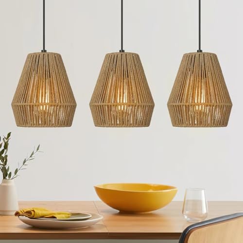 ELYONA 3 Pack Woven Pendant Lights, 7” Modern Boho Hanging Lamp w...