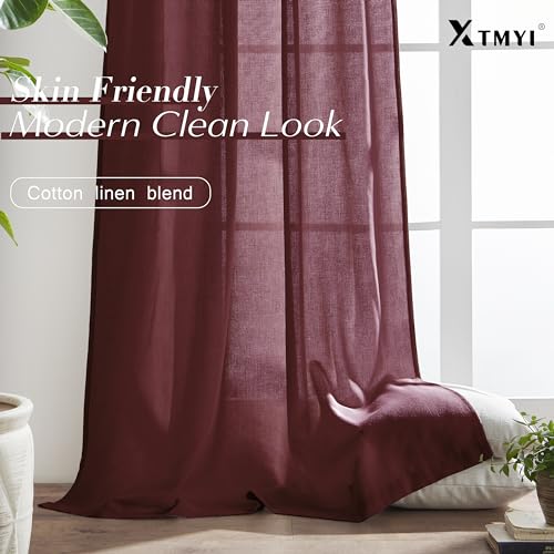 Image of XTMYI Maroon Wine Red Curtains 96 Inches Long for Living Room 2 Panels Set, Linen Hooks Track Country Farmhouse Curtains for Dining Room Bedroom