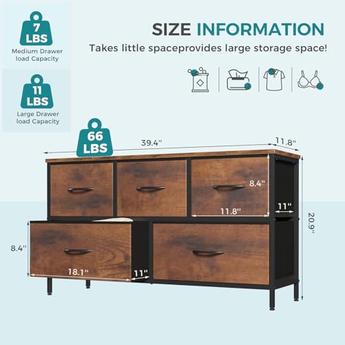 Image of OLIXIS 5 Drawer Dresser for Bedroom, Closet Chest Organizer Furniture, TV Stand for Living Room Hallway, Wide Fabric Storage Tower with Wooden Top and Metal Frame, Brown
