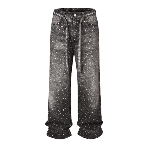 Men Baggy Rhinestone Jeans Wide Leg Denim Pants Vintage Sparkly