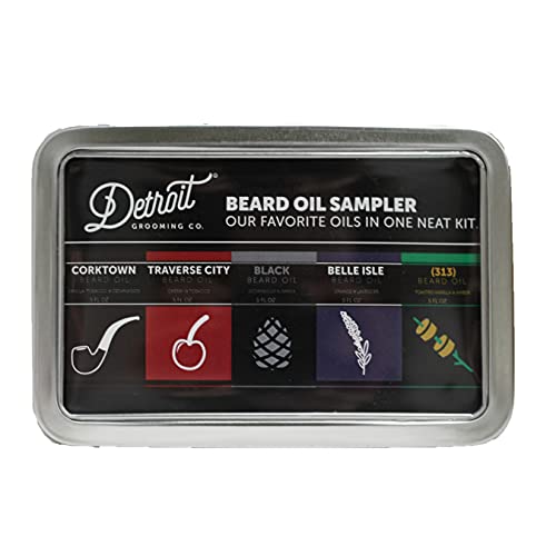 Detroit Grooming Co. Beard Oil Sampler - Includes 5 Scents of All Natural Beard Oils (0.5 ounce each) for Soothing Anti-Itch Conditioner, Growth - Great Gift, Travel Sized Portable Beard Oils for Men