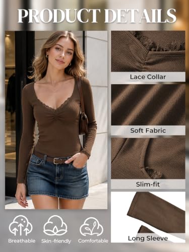 Image of Womens Lace Long Sleeve Top Paneled Henley Shirts Y2k 2000s Fitted Going Out Tops Blouse