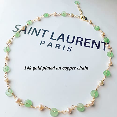 Delicate 14K Gold Plated Green Jade Beaded Necklace For Women, Natural Freshwater Pearls Aventurine Quartz Charm, Adjustable Choker Lucky Jewelry Gift For Her #TOP1