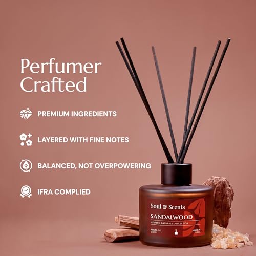 Image of Soul & Scents 120ml Reed Diffuser Set Sandalwood | Long Lasting Home Air Freshener | 6 Fiber Sticks | Gifting | Fragrance for Bedroom Bathroom Living Room | Aromatherapy Relaxing Soothing Aroma