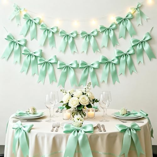 2 Strings Sage Green Bow Garland Banner Decorations, Pre-Strung Satin Ribbon Bows for Birthday, Baby Shower, Bridal Shower, Coquette Girls Room, Bow Themed Party, Wedding, Christmas Tree Decorations
