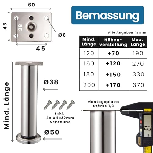 Stahlia Möbelfüße verstellbar Tischbeine Metall Edelstahl Optik 120-190mm (4er Set) Ø38mm Bettfüße Füße für Möbel Sofa Füße Möbelerhöhung Schrankfüsse Möbelbeine