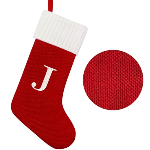Senneny Christmas Stockings with Initials, 20” Large Embroidered Monogram Knitted Stockings for Family, Kids, Xmas Holiday Party Gifts & Decoration for Fireplace, Burgundy, Letter J