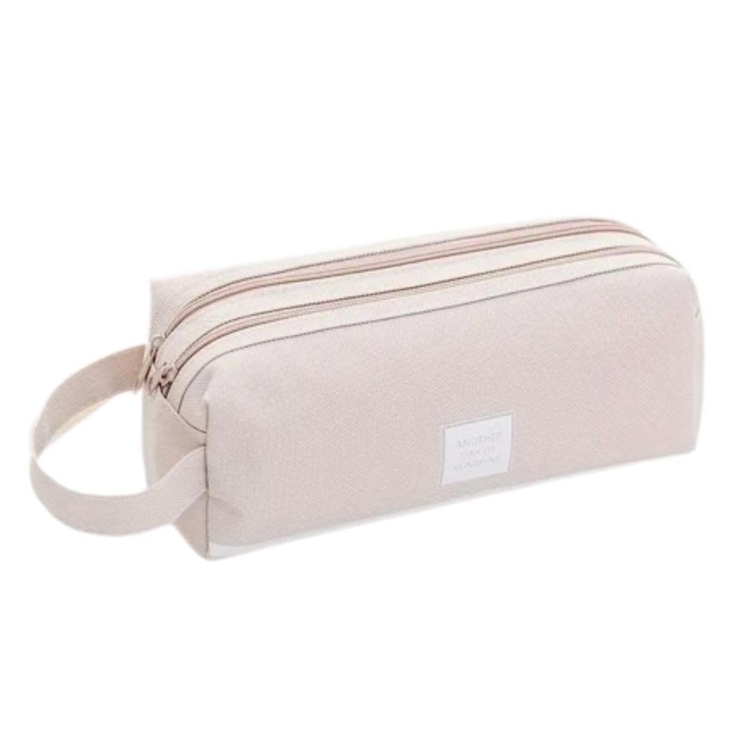 Estuche escolar grande dos compartimentos para material escolar, cartuchera organizador con cremalleras para niños y adolescentes. Neceser con asa gran capacidad para oficina y papelería (Beige)