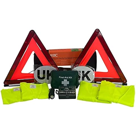 RAC Premium Family European Driving Kit - Car Travel Kit for Roadside Emergency & Breakdown in Europe - First Aid Kid, Hi-Vis Vests, Spare Bulb Kit, UK Car Sign, 2 x Warning Triangle & Torch Cover