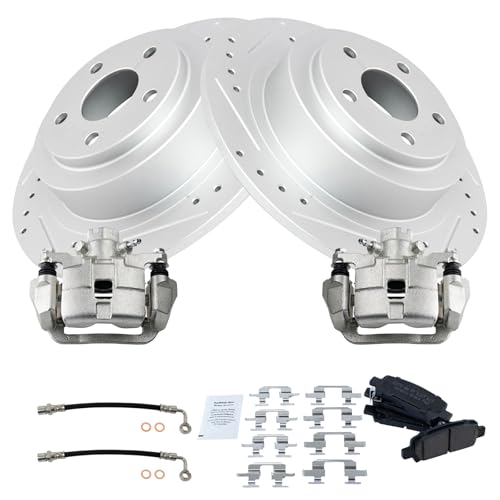 Image of TRQ Performance Rear Brake Pad and Rotor Set Ceramic Drilled Slotted Coated Calipers Compatible with 2003-2006 Subaru Baja 2000-2004 Legacy Outback