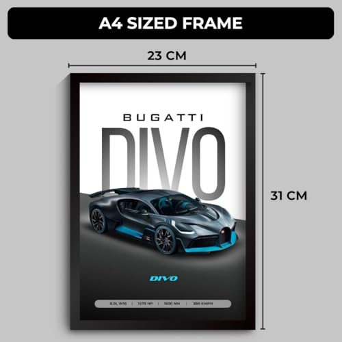 Image of Bugatti Divo Poster | Framed Bugatti A4 Sized (31 x 23 cm) | Divo Car Poster for Wall, Gift for Boys, Hypercar Frames | Dream Car Posters for Wall, Bedroom, Hostel, Study Area, Hostel (F 087)