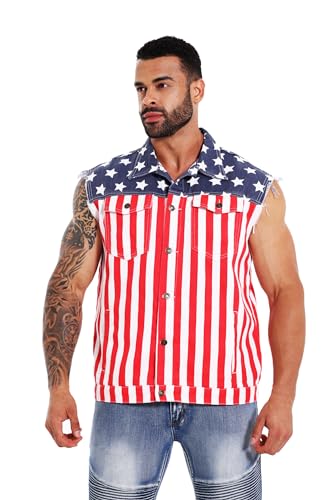 Men's American Flag Denim Vest Retro 4th of July Patriotic Sleeveless Jean Jacket Shirt Casual Loose Fit Lapel Vest