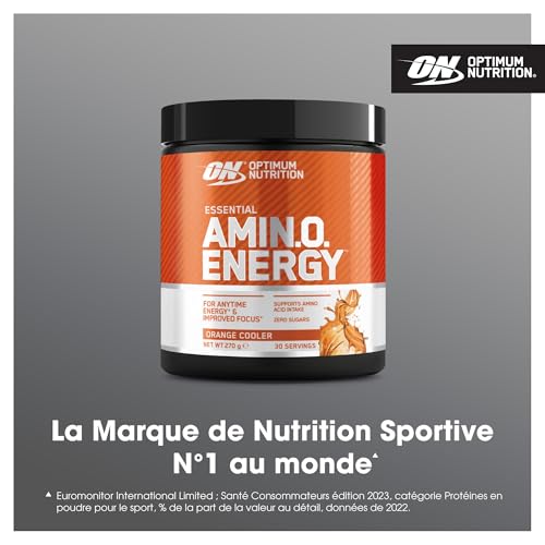 Optimum Nutrition Amino Energy Pre Workout en poudre, boisson énergisante avec acides aminés, BCAA, L-Glutamine et L-Leucine, complément vitamine C caféine, goût Orange, 30 portions, 270 g – Image 3