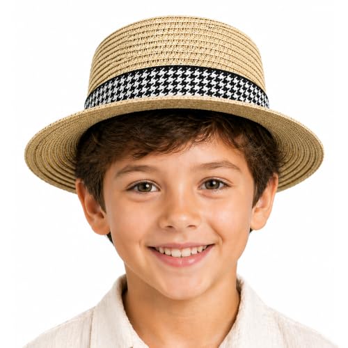 Image of VRITRAZ Kids Straw Hat for Baby Boys & Girls | Printed Summer Sun Hat, Woven Wide Brim Beach Cap, Lightweight Breathable Holiday, Travel, Fancy Dress Fashion Hat for Children & Toddler (2-6 Year)