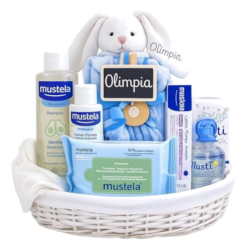 Canastilla Bebé Musti Estrellas   Set de Regalo de Nacimiento Personalizado con cesta de Mimbre