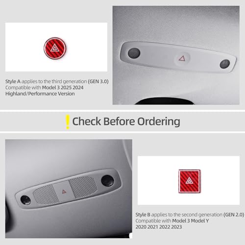 Image of BETTERHUMZ Car Interior Carbon Fiber Sticker Compatible with Tesla Model 3 2023-2020 Model Y 2024-2020 Roof Warning Button Trim Reading Light Cover Accessories (Red)