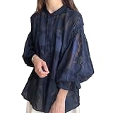 [CoeFodMavo] ブラウス レディース 長袖 シャツ 2WAY レース チュール シースルー トップス 前開き 立ち襟 UVカット 日焼け止め 冷房対策 透け感 ランタンスリーブ 花柄 刺繍 おしゃれ オフィス 春 夏
