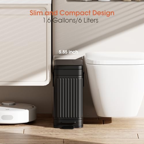 Image of Small Trash Can with Lid Soft Close-6L /1.6 Gal Stainless Steel Outdoor Dog Poop Garbage Can-Metal Waste Bins with Pedal for Bathroom Bedroom Office-Black