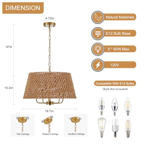 Image of 19.7 inch Gold Boho Rattan Chandelier, 5-Light Wicker Light Fixture | Hand-Woven Rattan; Vintage Farmhouse Style; Adjustable Height; Drum Chandeliers for Dining Room, Kitchen, Bedroom, Entryway