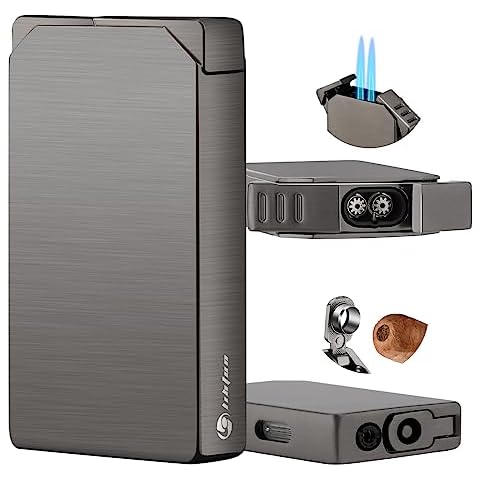 LIHTUN Torch Lighter Double Jet Flame, Cigar Lighter with Cigar Punch Butane Ｗindproof Mini Refillable Lighter, Cool Lighters for Men Gift (Butane Gas Not Included) (Grey) Cover