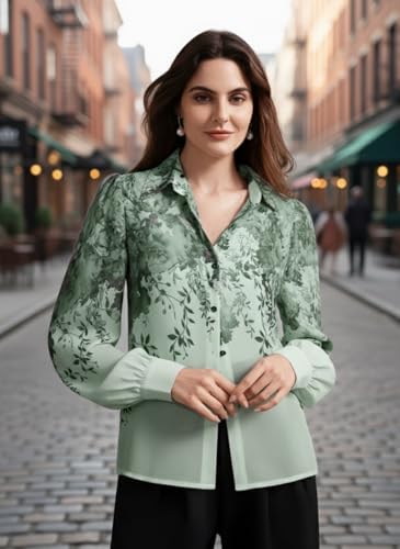 Image of Women Shirt || Women Top ||Autumn Leaves Print Polo Collar Shirt, Casual Long Sleeve (S-22-25)