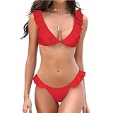 SHEKINI Women's Bathing Suits Ruffles Flounce Bikini Sets Low Rise Two Piece Swimsuit(Rose Red, Small)