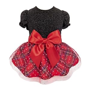 Fitwarm Christmas Puff Sleeve Dog Dress, Elegant Dog Christmas Outfit, Doggy Clothes for Small Dogs Girl, Pet Apparel, Black, Red, XXS