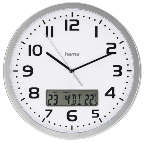 Hama Horloge Murale DCF Moorea (Pendule Murale avec Affichage Digital de la Date et de la Température, Montre de Cuisine Ø 30 cm, Idéale Entrée, Salon,...