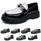 Men's Fashion Black and White Two Tone Chunky Platform Penny Loafers Classic Slip-On Lug Sole Business Work Dress Shoes Daily Non-Slip Shock Absorbing Casual Shoes Large size 5.5-14 (White-Black-B,13)