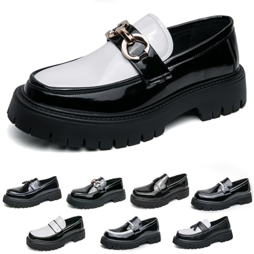 Men's Fashion Black and White Two Tone Chunky Platform Penny Loafers Classic Slip-On Lug Sole Business Work Dress Shoes Daily Non-Slip Shock Absorbing Casual Shoes