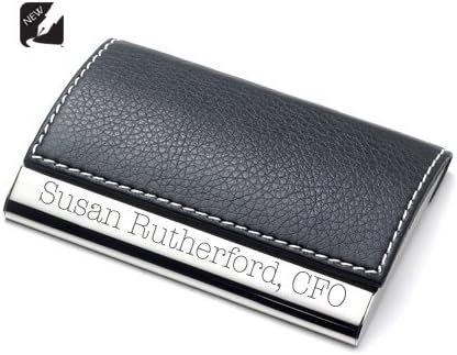 Personalized Black Leather Magnetic Card Holder Engraved Free - Ships from USA