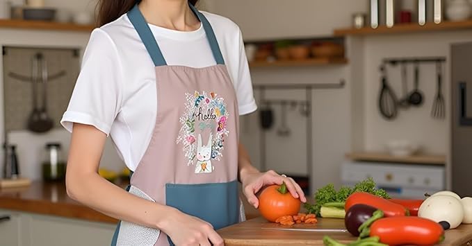 Image of Apron For Kitchen Cotton Kitchen Apron Set with Front Pocket Floral Bunny Design, Cooking Printed Apron For Women [ 1-pcs ]