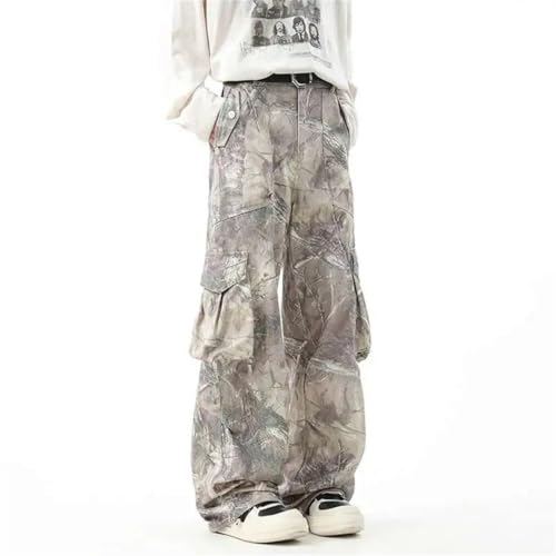 Men's Niche Design Denim Trousers Leaf Printing Big Pockets Drawstring Straight Leg Jeans Pants4